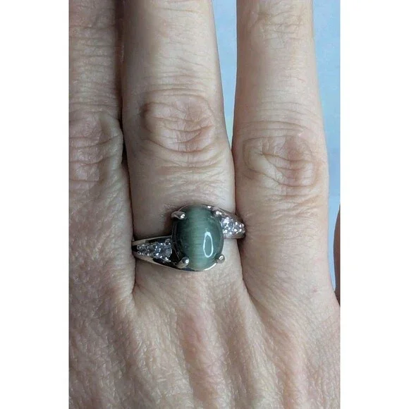 Sterling Silver Green Cats Eye Quartz Ring - Size 11 - Picture 6 of 6